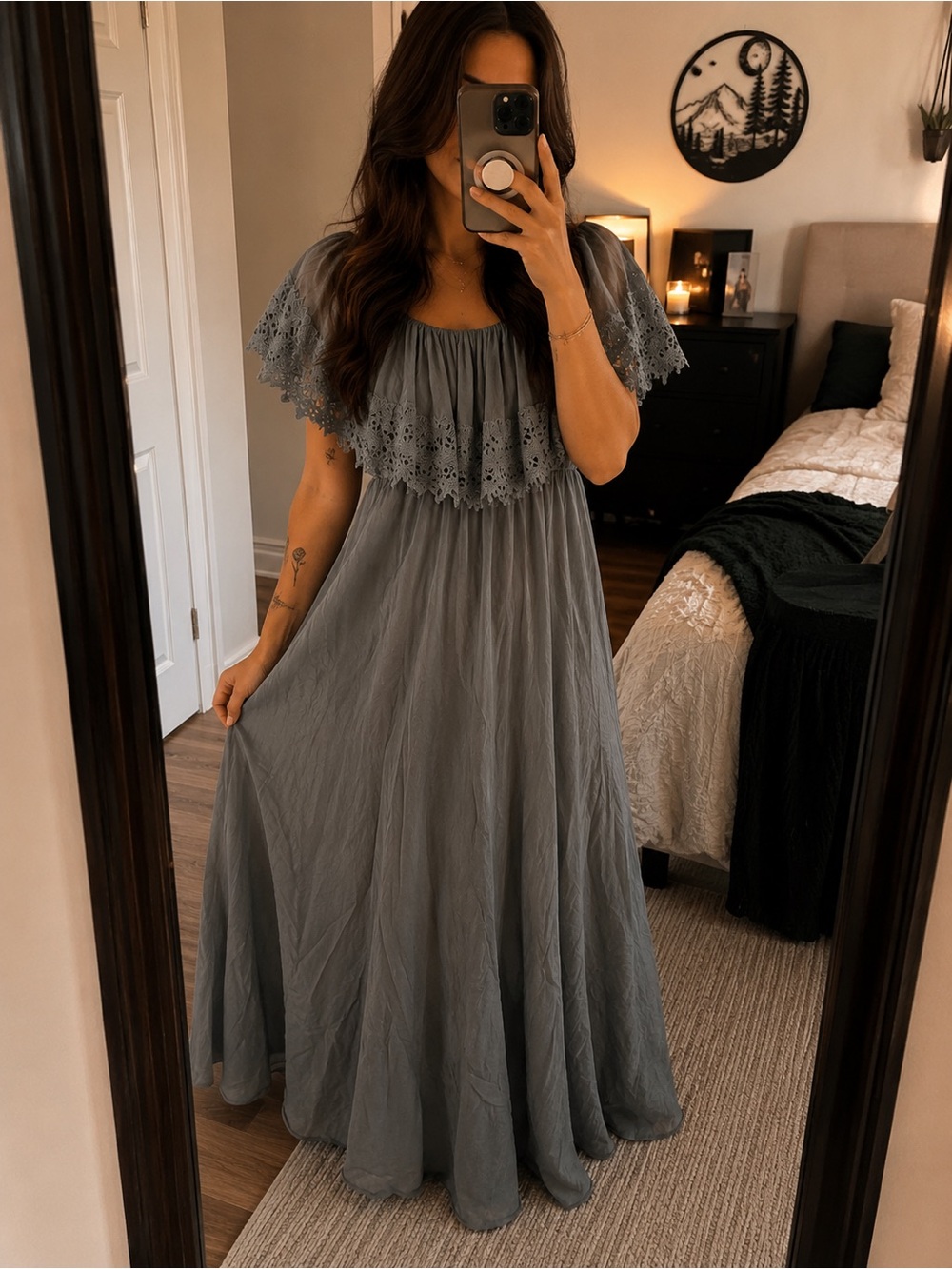 Bohemian Lace-Trim Maxi Dress in Slate Gray